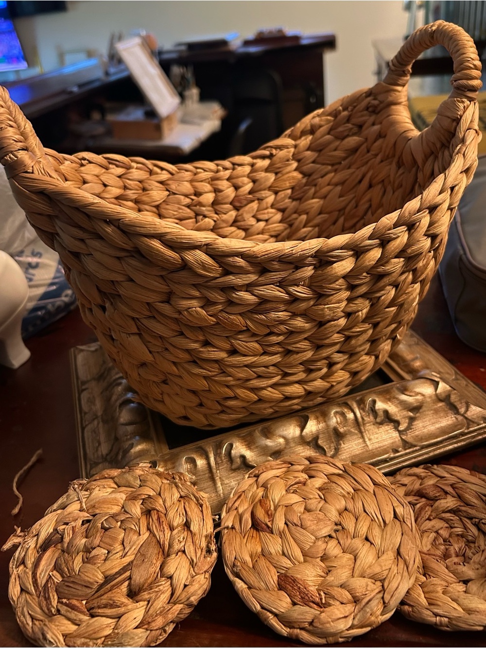 Woven Natural Seagrass Basket with Handles - Natural